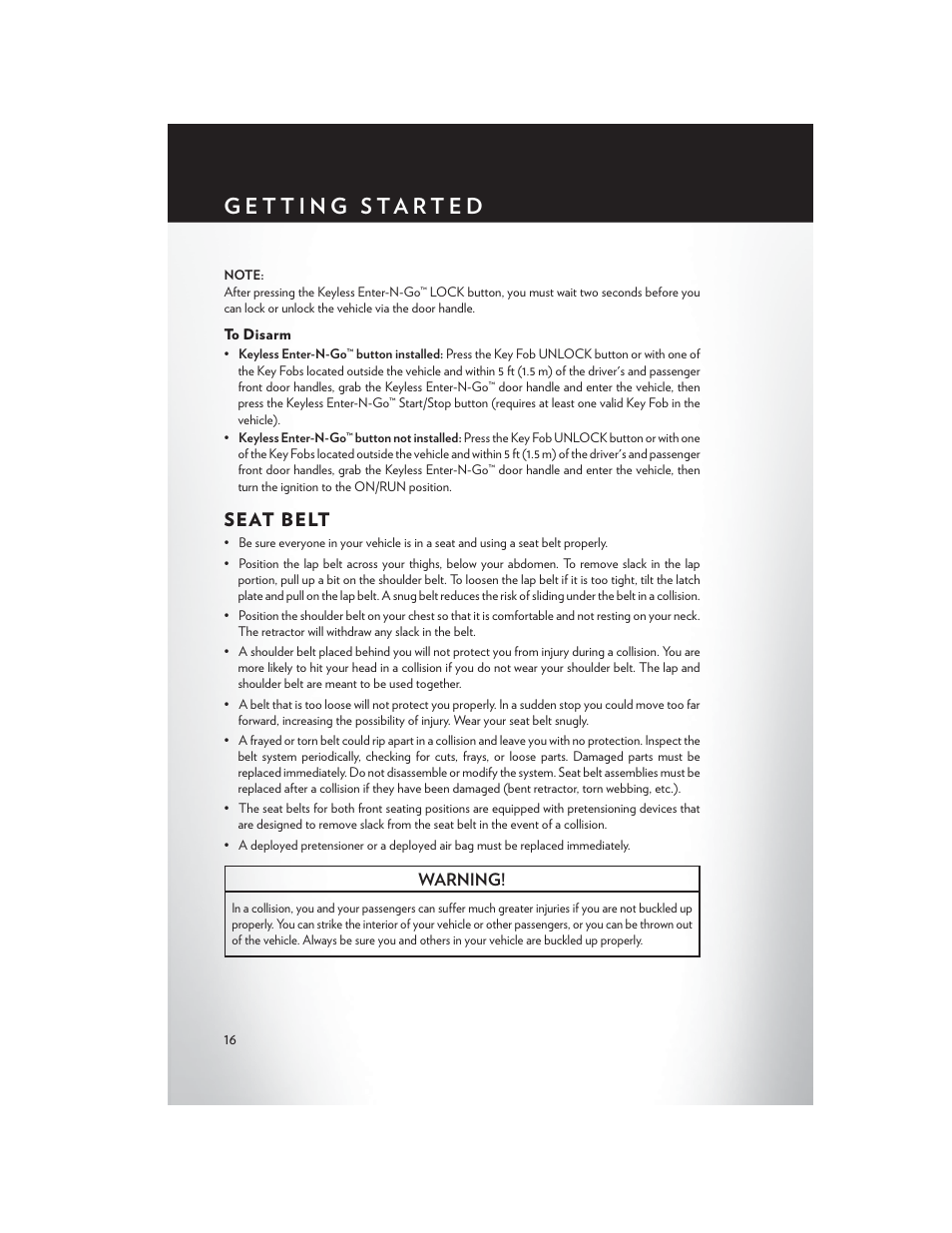 To disarm, Seat belt | Chrysler 2013 Country - User Guide User Manual | Page 18 / 140