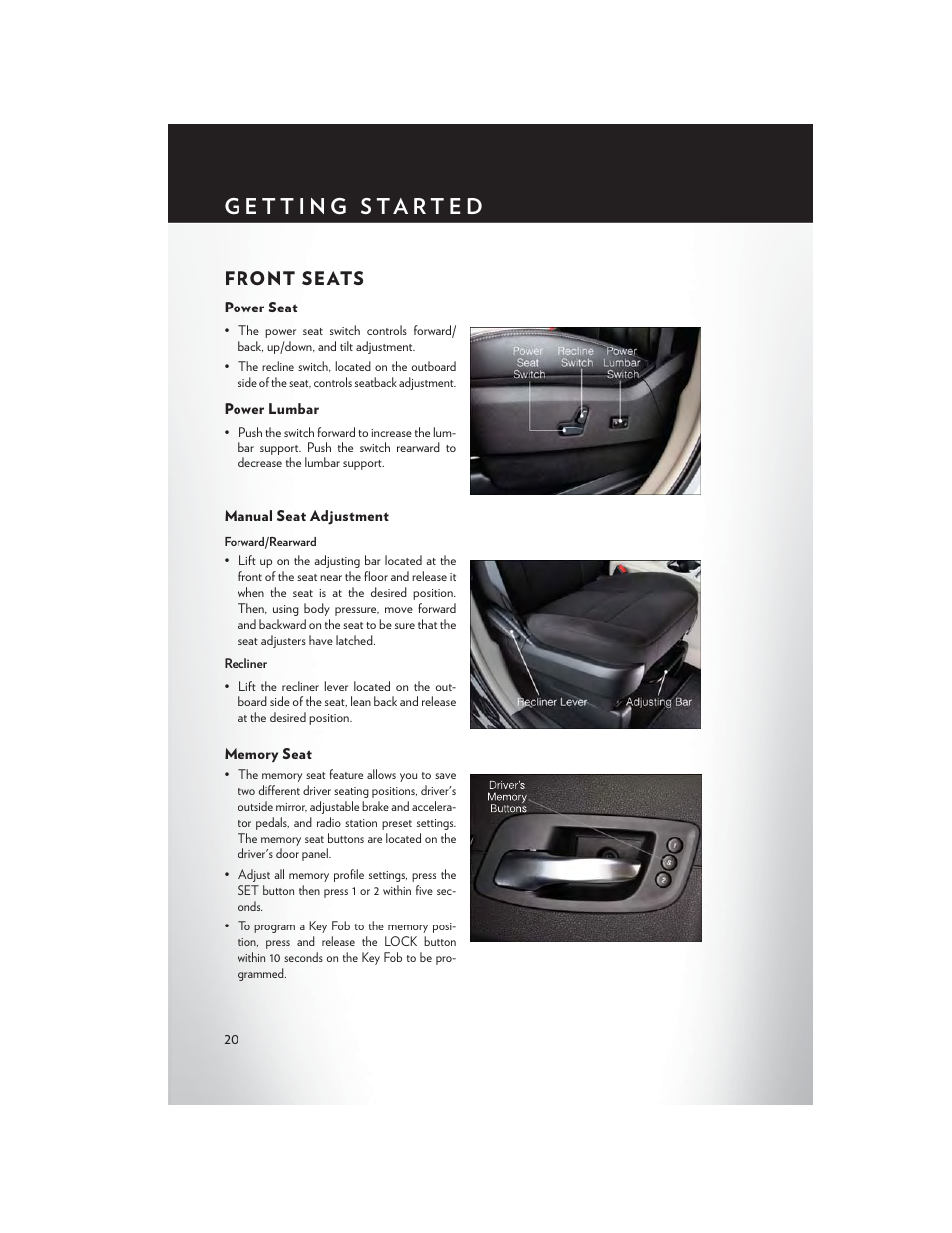 Front seats, Power seat, Power lumbar | Manual seat adjustment, Memory seat | Chrysler 2013 Country - User Guide User Manual | Page 22 / 140