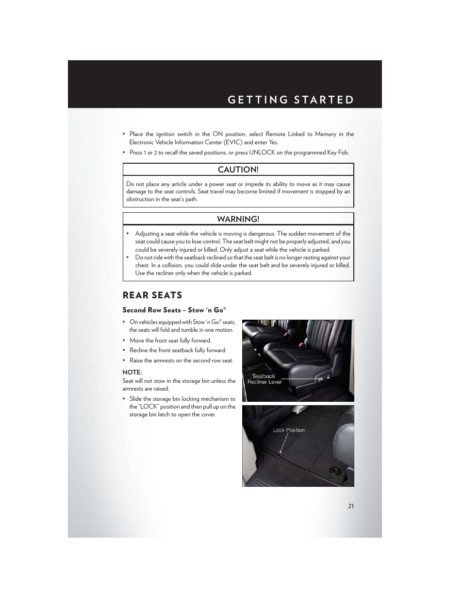 Rear seats, Second row seats – stow 'n go | Chrysler 2013 Country - User Guide User Manual | Page 23 / 140