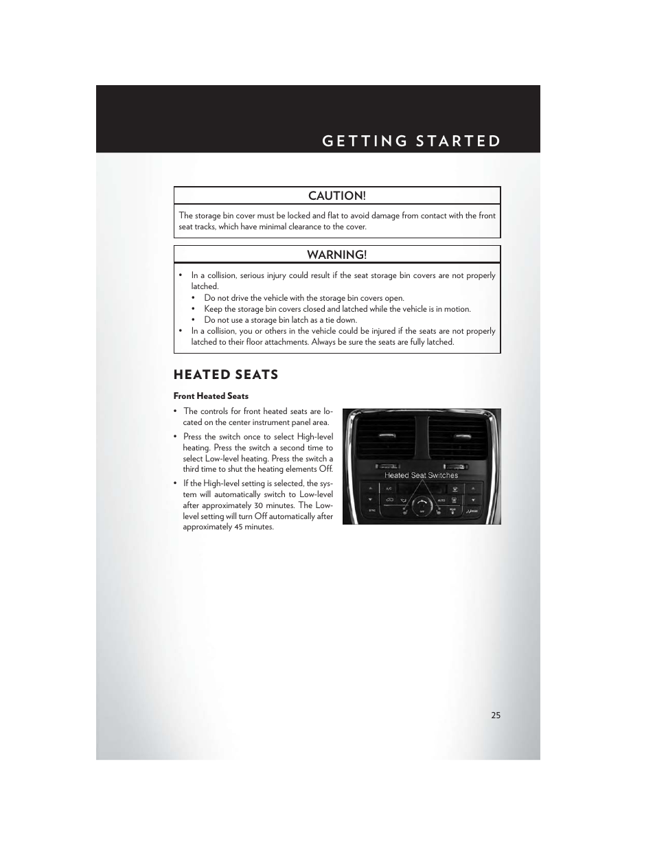 Heated seats, Front heated seats | Chrysler 2013 Country - User Guide User Manual | Page 27 / 140