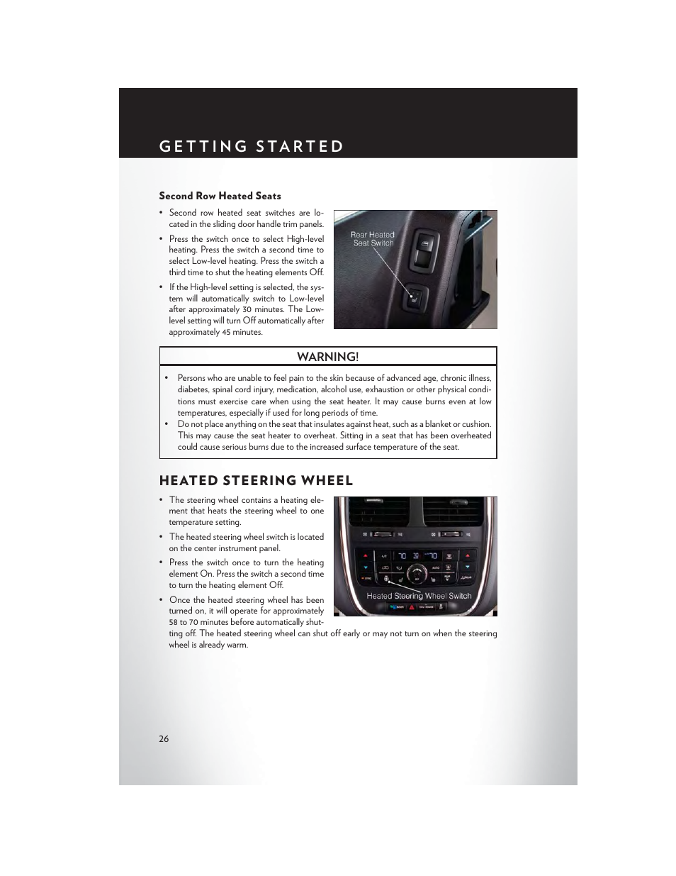 Second row heated seats, Heated steering wheel | Chrysler 2013 Country - User Guide User Manual | Page 28 / 140