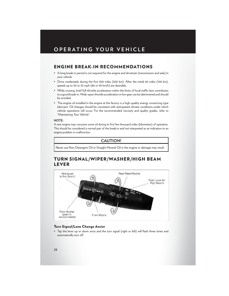 Operating your vehicle, Engine break-in recommendations, Turn signal/wiper/washer/high beam lever | Turn signal/lane change assist, Turn signal /wiper/washer/high beam lever | Chrysler 2013 Country - User Guide User Manual | Page 30 / 140