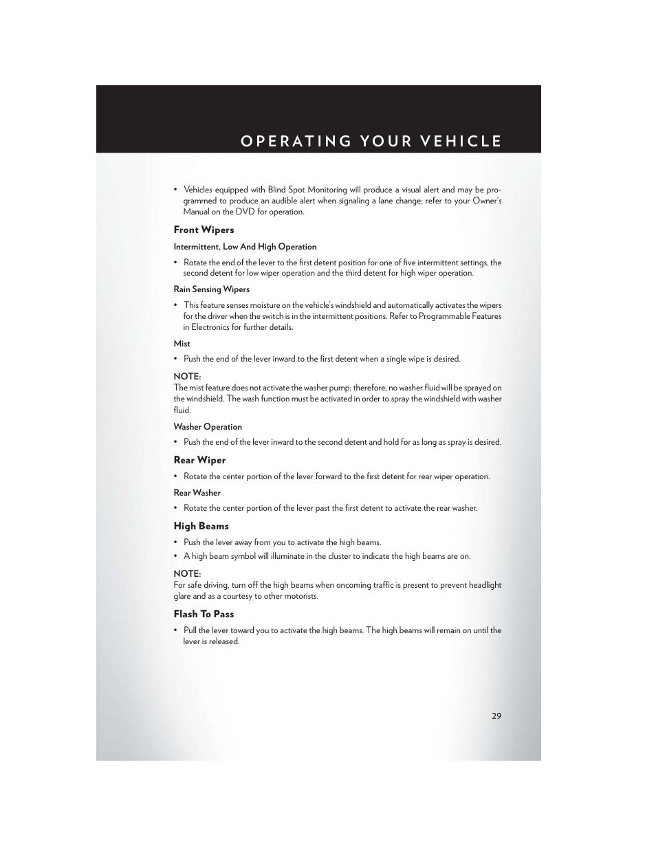 Front wipers, Rear wiper, High beams | Flash to pass | Chrysler 2013 Country - User Guide User Manual | Page 31 / 140
