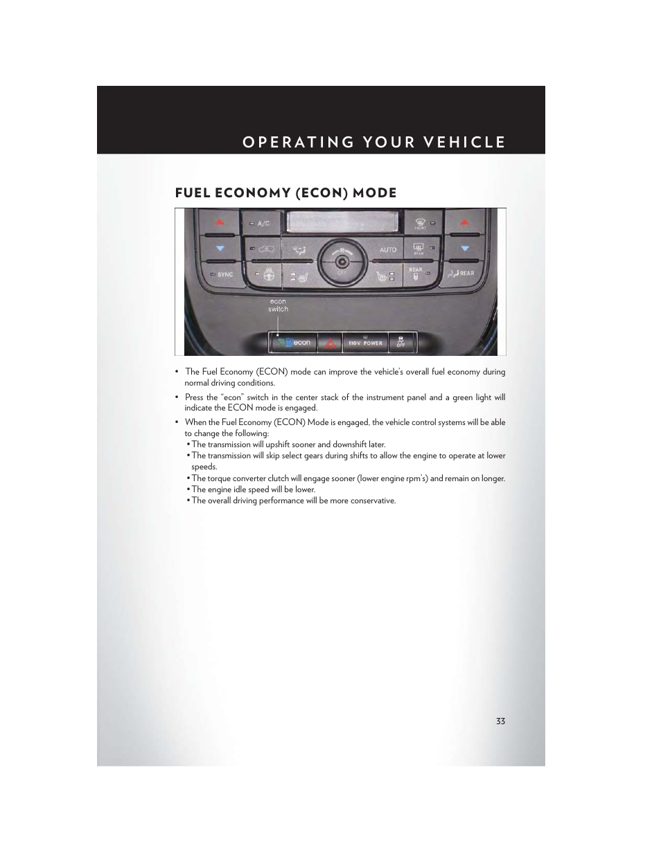 Fuel economy (econ) mode | Chrysler 2013 Country - User Guide User Manual | Page 35 / 140