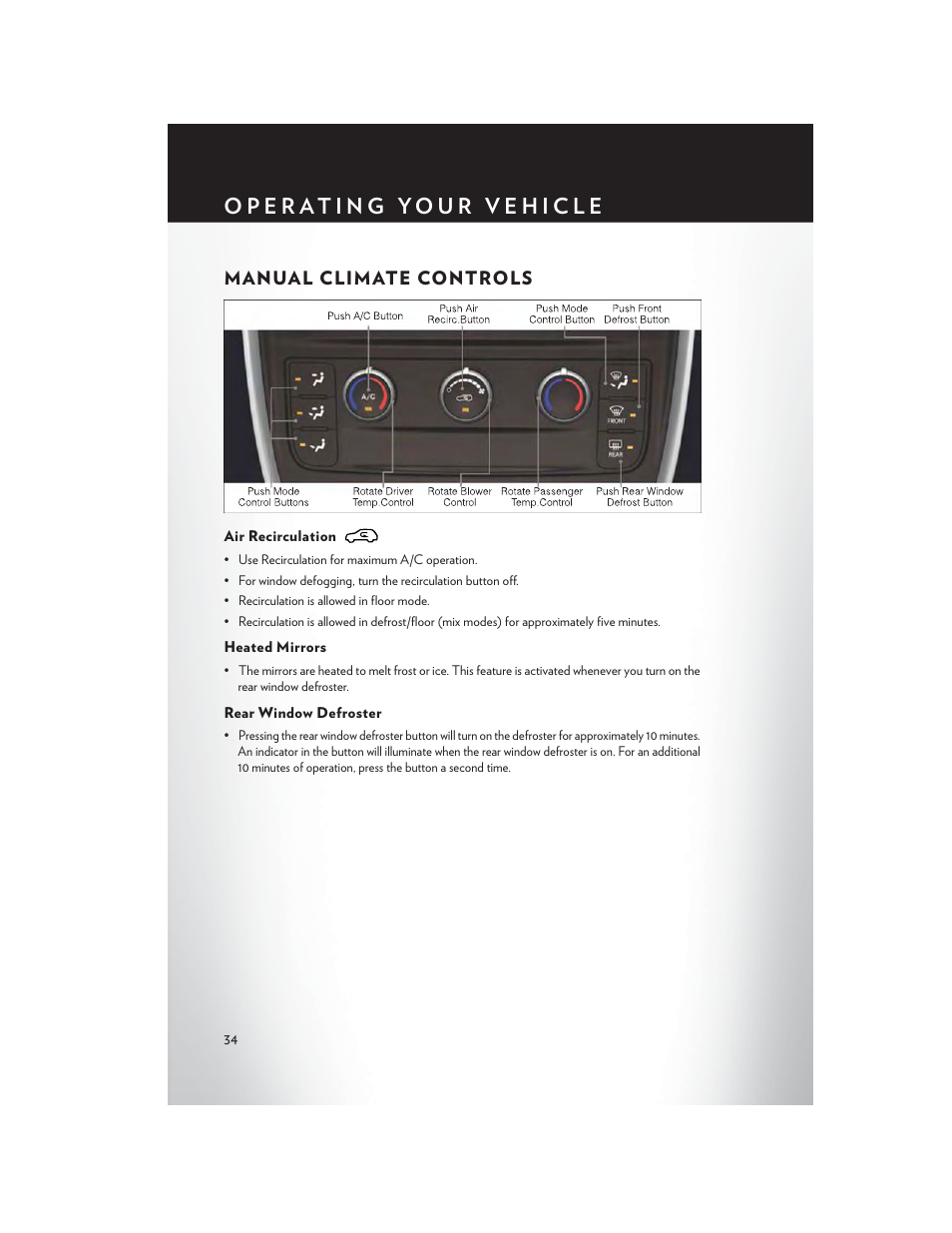 Manual climate controls, Air recirculation, Heated mirrors | Rear window defroster | Chrysler 2013 Country - User Guide User Manual | Page 36 / 140