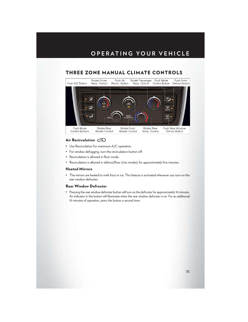 Three zone manual climate controls, Air recirculation, Heated mirrors | Rear window defroster | Chrysler 2013 Country - User Guide User Manual | Page 37 / 140