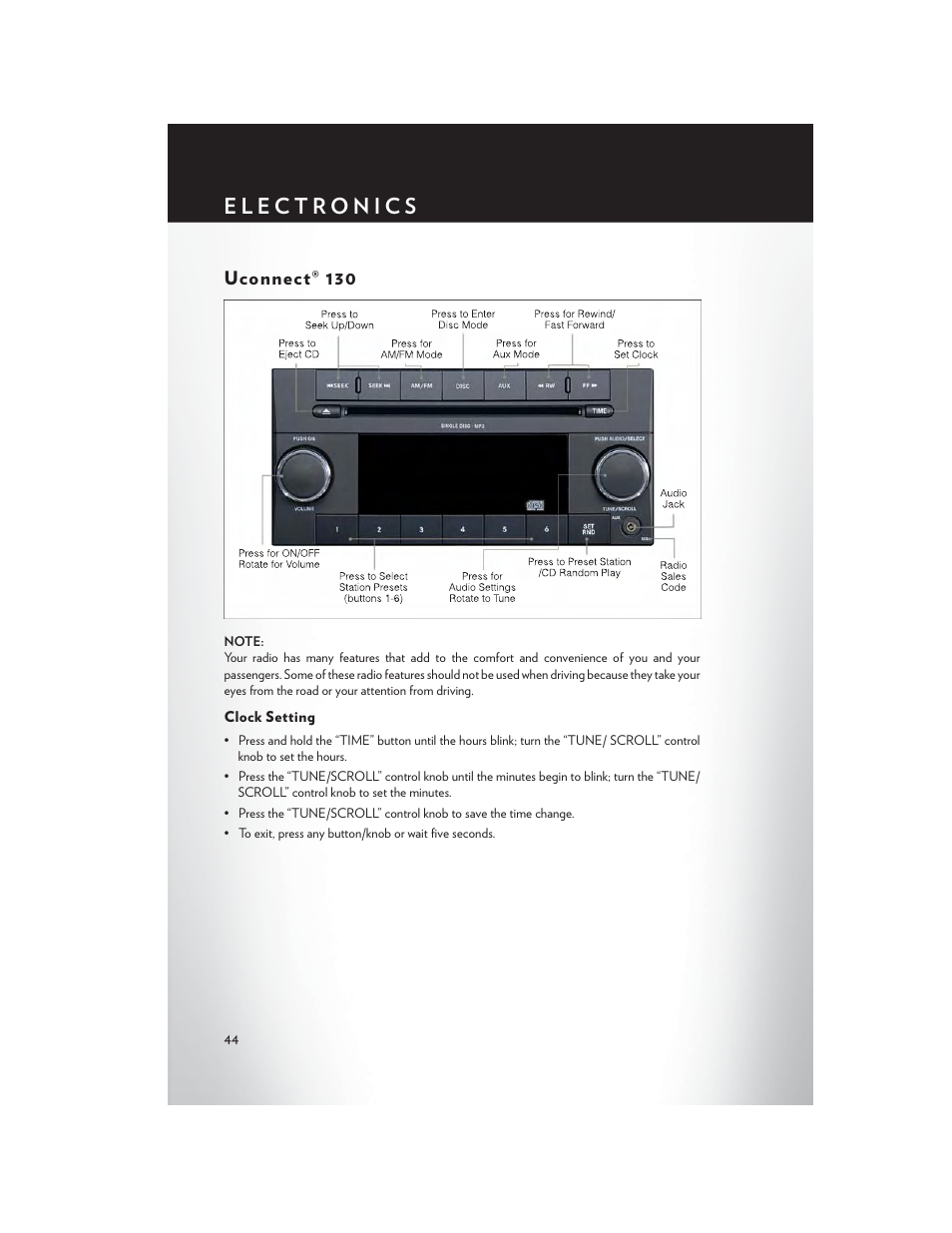 Uconnect® 130, Clock setting | Chrysler 2013 Country - User Guide User Manual | Page 46 / 140