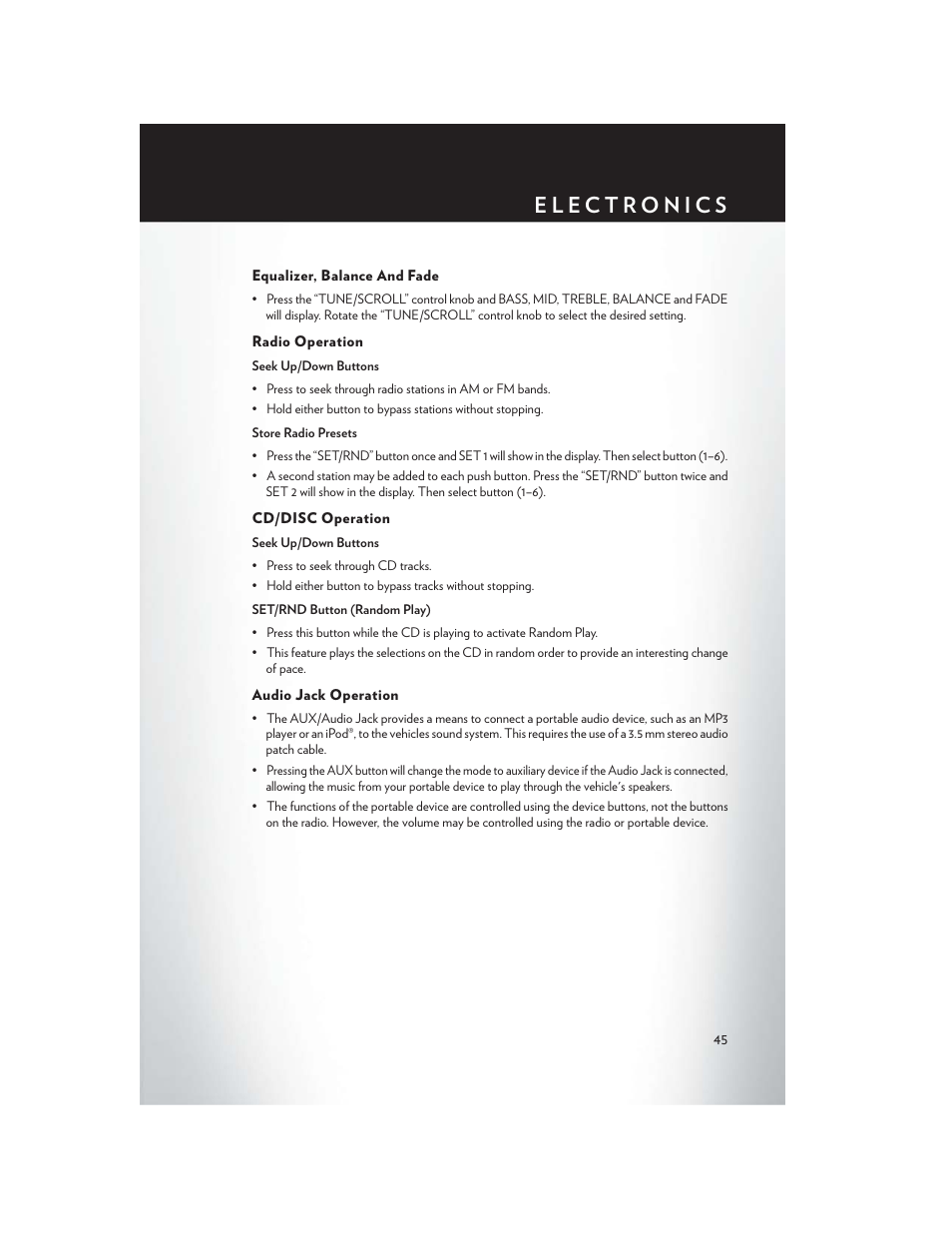 Equalizer, balance and fade, Radio operation, Cd/disc operation | Audio jack operation | Chrysler 2013 Country - User Guide User Manual | Page 47 / 140