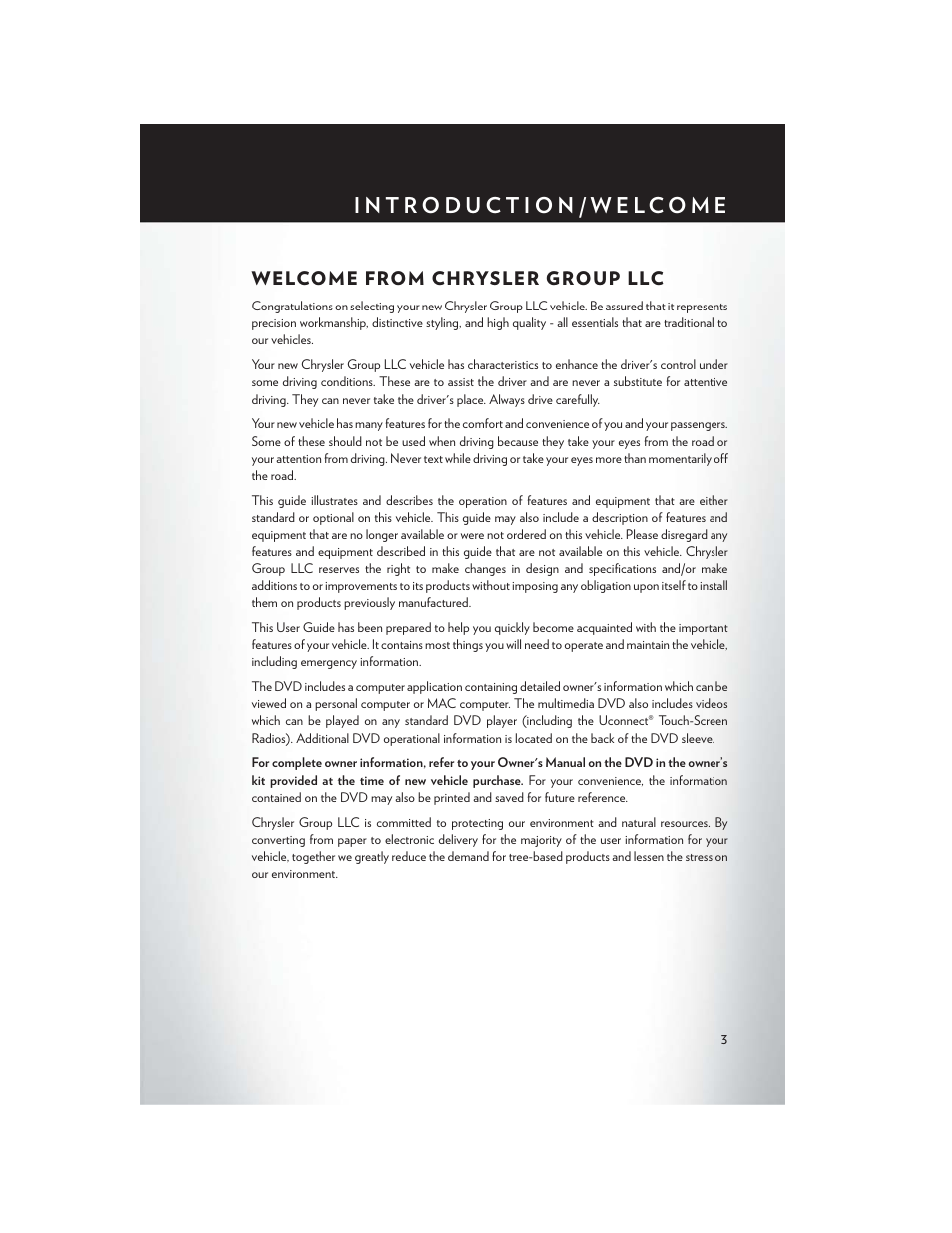 Introduction/welcome, Welcome from chrysler group llc | Chrysler 2013 Country - User Guide User Manual | Page 5 / 140