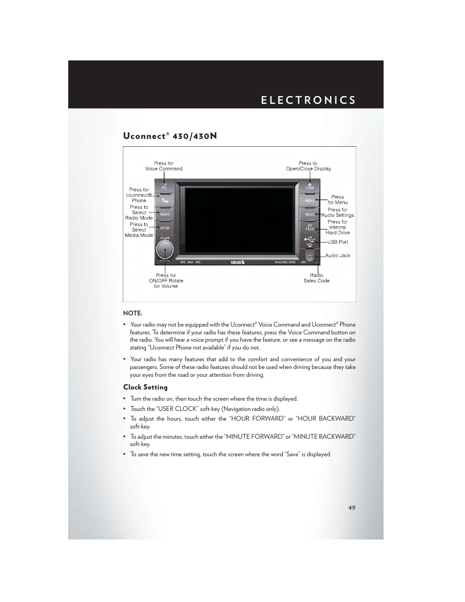 Uconnect® 430/430n, Clock setting | Chrysler 2013 Country - User Guide User Manual | Page 51 / 140