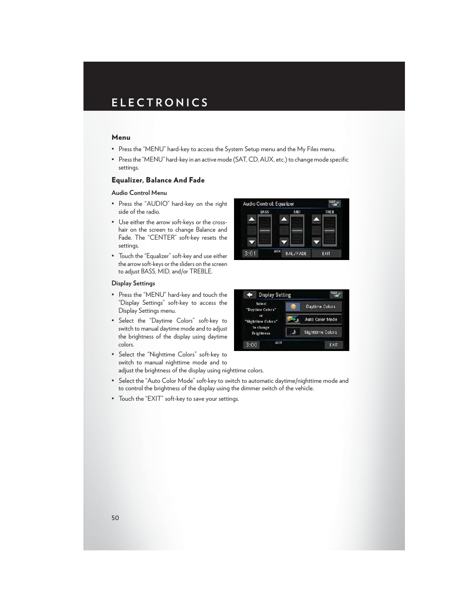 Menu, Equalizer, balance and fade | Chrysler 2013 Country - User Guide User Manual | Page 52 / 140
