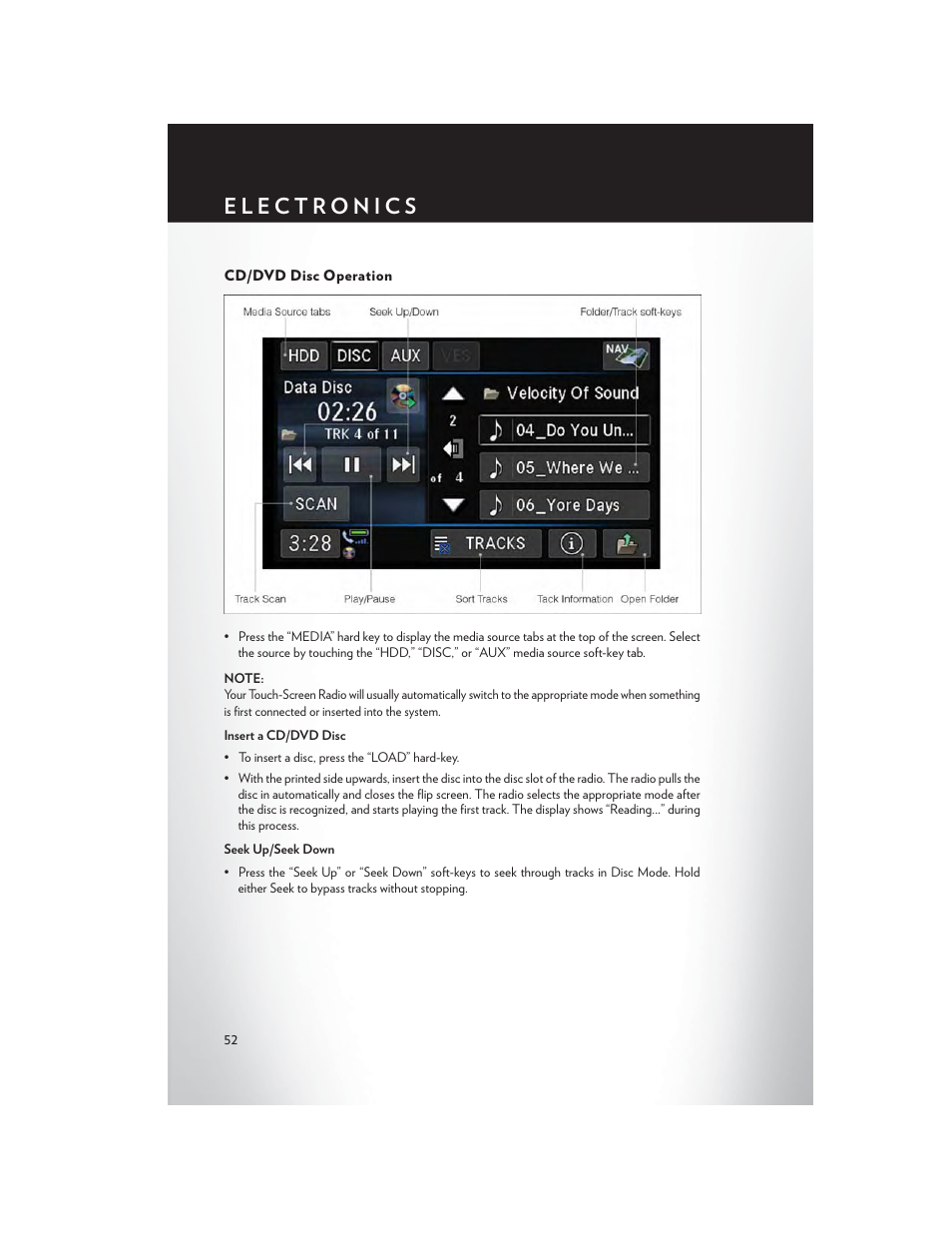 Cd/dvd disc operation | Chrysler 2013 Country - User Guide User Manual | Page 54 / 140