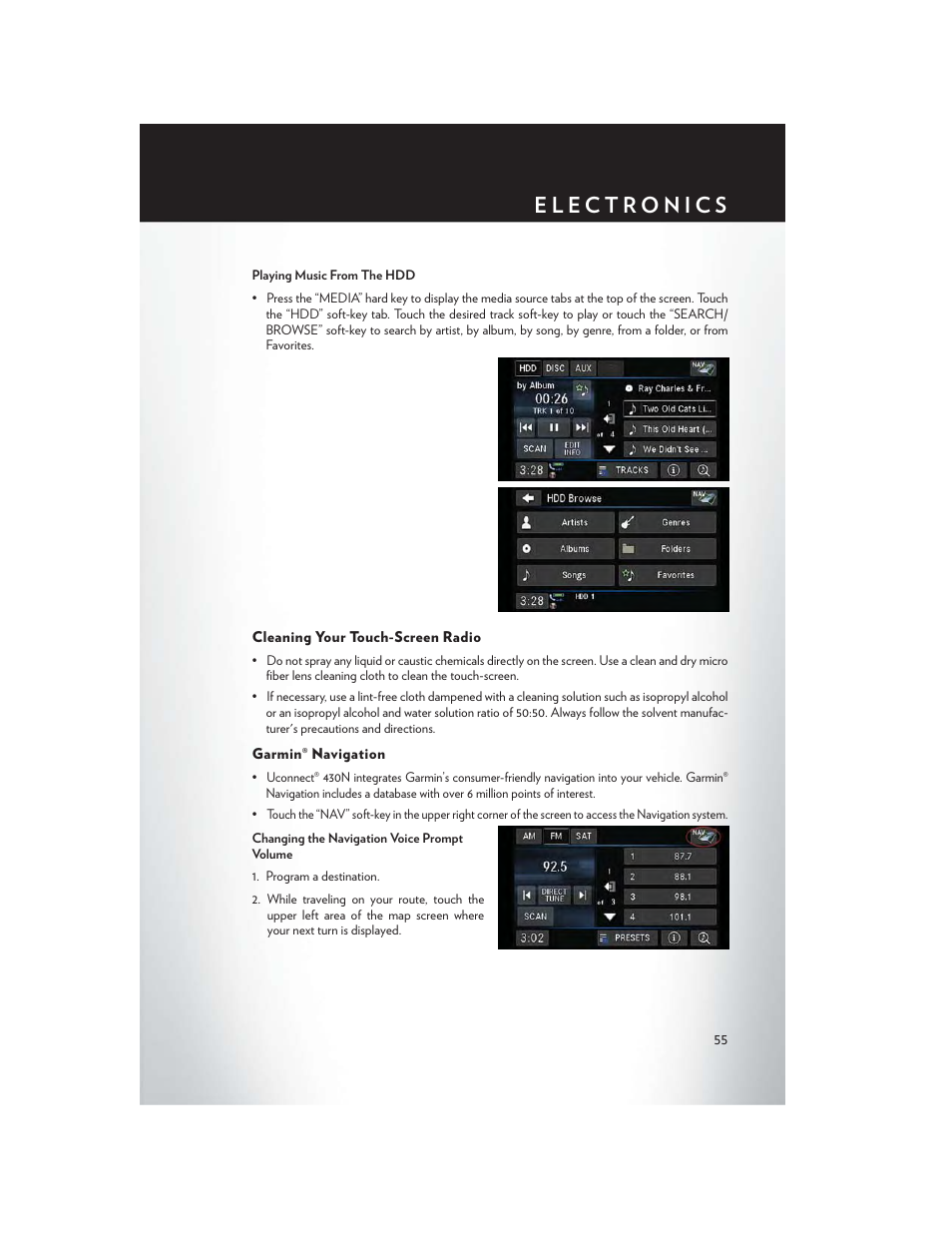 Cleaning your touch-screen radio, Garmin® navigation | Chrysler 2013 Country - User Guide User Manual | Page 57 / 140