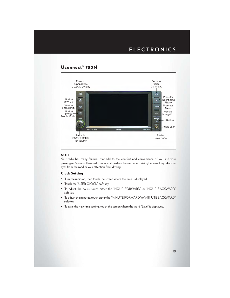 Uconnect® 730n, Clock setting | Chrysler 2013 Country - User Guide User Manual | Page 61 / 140