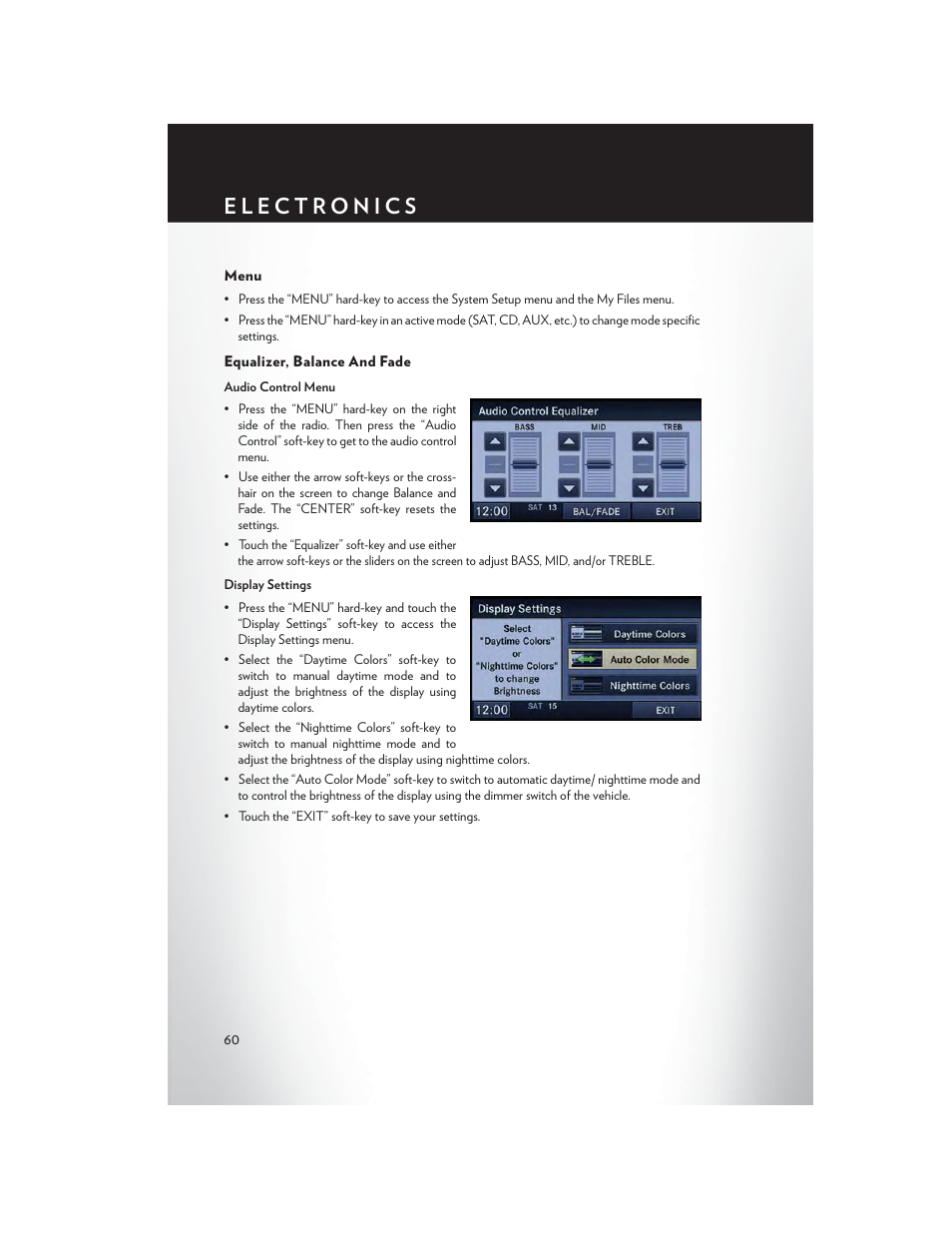 Menu, Equalizer, balance and fade | Chrysler 2013 Country - User Guide User Manual | Page 62 / 140