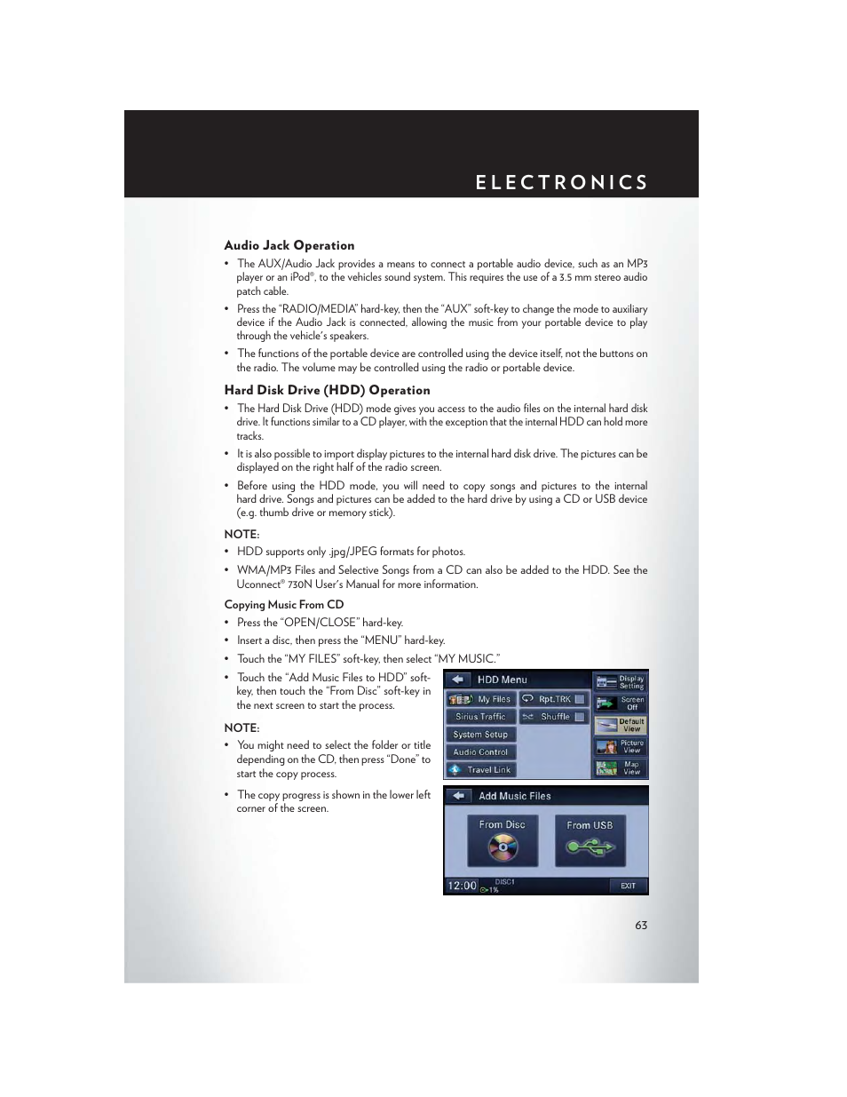 Audio jack operation, Hard disk drive (hdd) operation | Chrysler 2013 Country - User Guide User Manual | Page 65 / 140