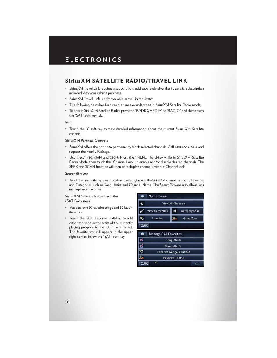 Siriusxm satellite radio/travel link | Chrysler 2013 Country - User Guide User Manual | Page 72 / 140