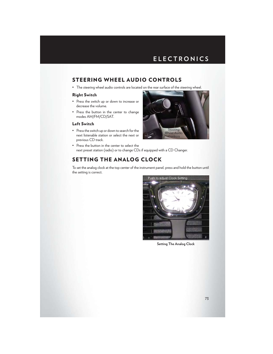 Steering wheel audio controls, Right switch, Left switch | Setting the analog clock | Chrysler 2013 Country - User Guide User Manual | Page 75 / 140
