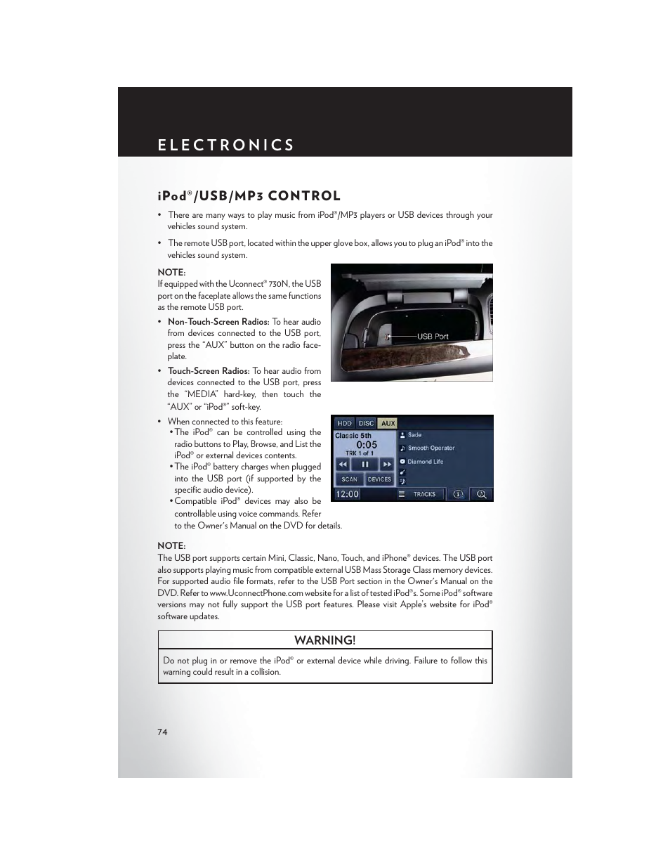 Ipod®/usb/mp3 control | Chrysler 2013 Country - User Guide User Manual | Page 76 / 140