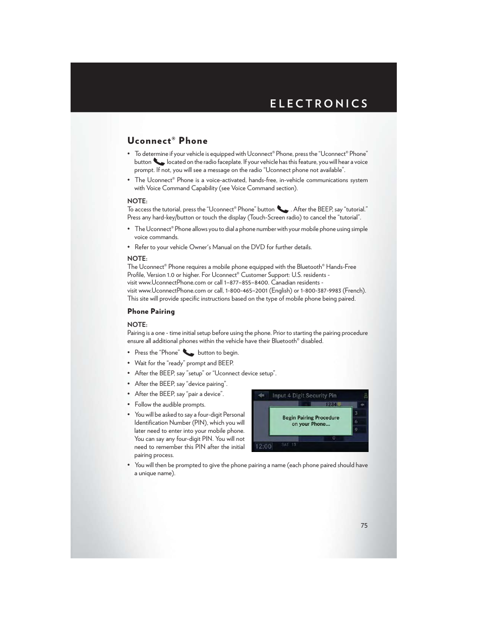 Uconnect® phone, Phone pairing | Chrysler 2013 Country - User Guide User Manual | Page 77 / 140