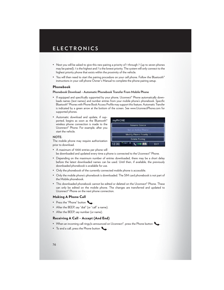 Phonebook, Making a phone call, Receiving a call – accept (and end) | Chrysler 2013 Country - User Guide User Manual | Page 78 / 140