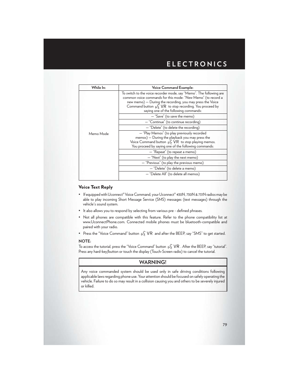 Voice text reply, Warning | Chrysler 2013 Country - User Guide User Manual | Page 81 / 140