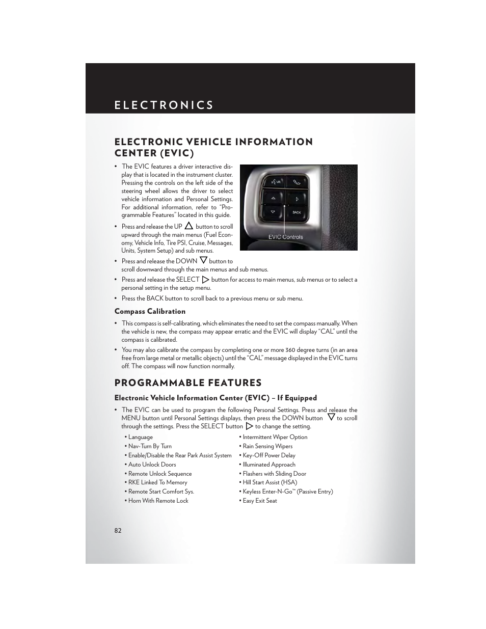 Electronic vehicle information center (evic), Compass calibration, Programmable features | Electronic vehicle information center (evic ) | Chrysler 2013 Country - User Guide User Manual | Page 84 / 140