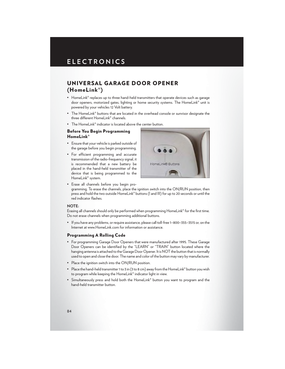 Universal garage door opener (homelink®), Before you begin programming homelink, Programming a rolling code | Chrysler 2013 Country - User Guide User Manual | Page 86 / 140