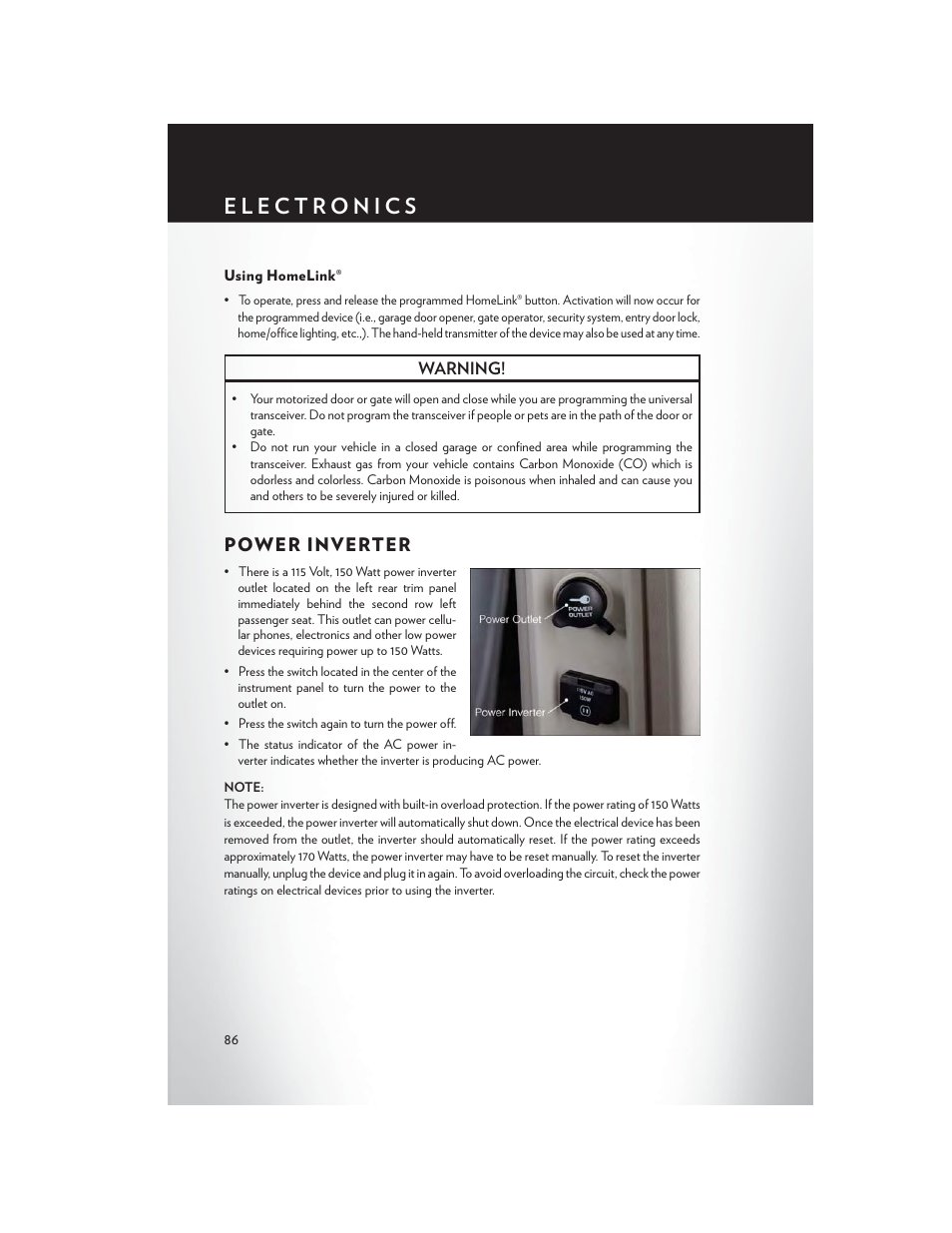 Using homelink, Power inverter | Chrysler 2013 Country - User Guide User Manual | Page 88 / 140