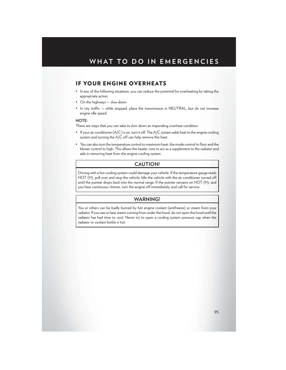 If your engine overheats | Chrysler 2013 Country - User Guide User Manual | Page 97 / 140