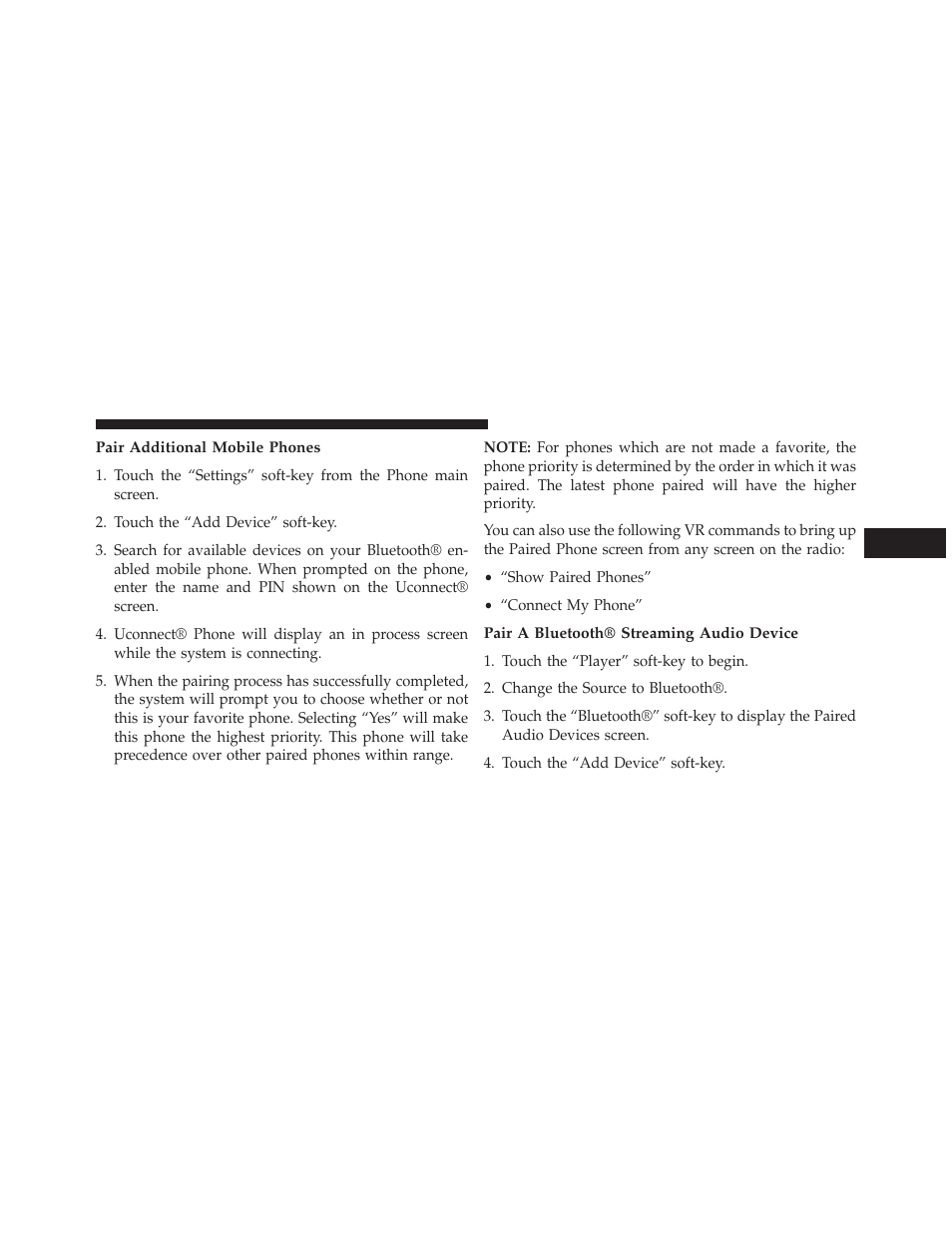 Pair additional mobile phones, Pair a bluetooth® streaming audio device | Chrysler 2014 300 - Owner Manual User Manual | Page 137 / 615