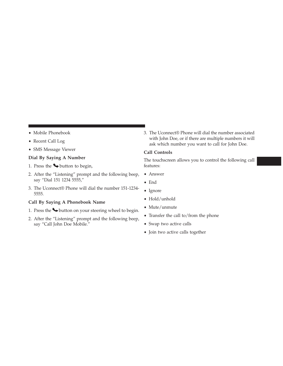 Dial by saying a number, Call by saying a phonebook name, Call controls | Chrysler 2014 300 - Owner Manual User Manual | Page 145 / 615