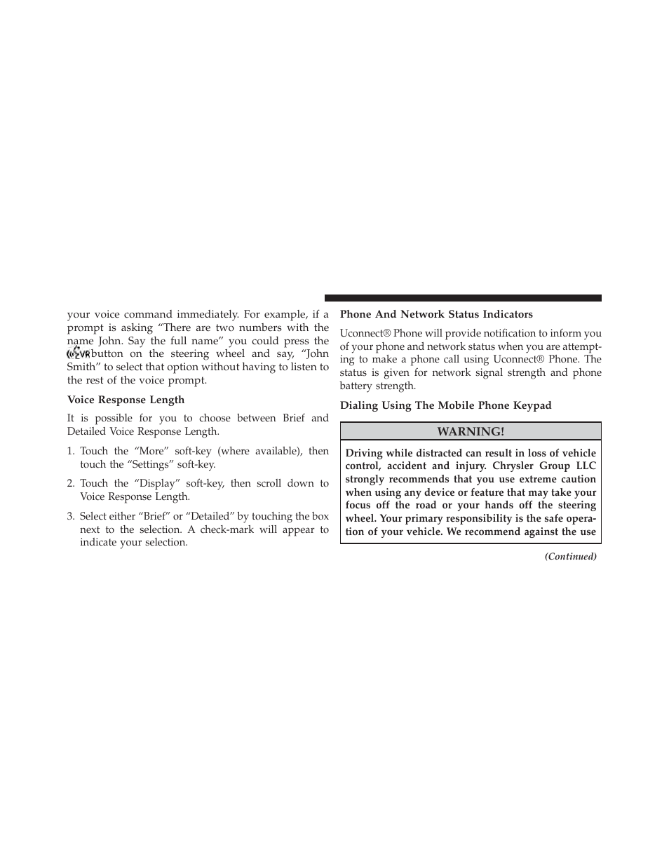 Voice response length, Phone and network status indicators, Dialing using the mobile phone keypad | Chrysler 2014 300 - Owner Manual User Manual | Page 152 / 615