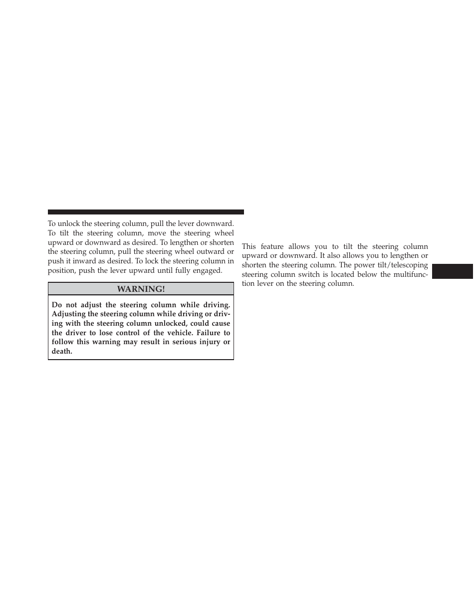 Power tilt/telescoping steering, Column — if equipped | Chrysler 2014 300 - Owner Manual User Manual | Page 213 / 615