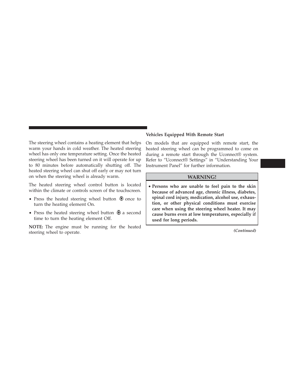 Heated steering wheel — if equipped, Heated steering wheel, If equipped | Chrysler 2014 300 - Owner Manual User Manual | Page 215 / 615