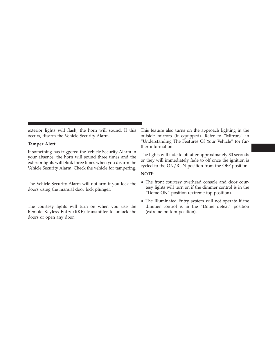 Tamper alert, Security system manual override, Illuminated entry — if equipped | Chrysler 2014 300 - Owner Manual User Manual | Page 23 / 615