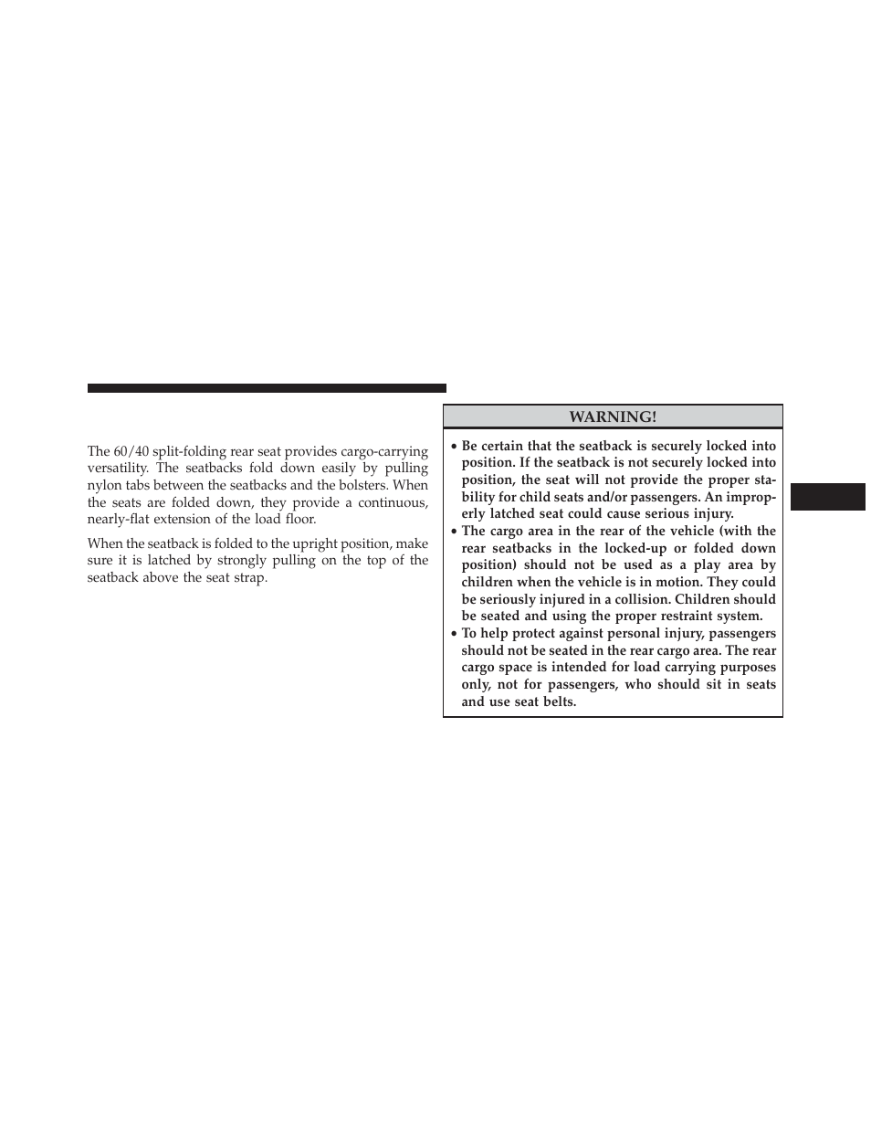 Cargo area — vehicles equipped with 60/40, Split-folding rear seat | Chrysler 2014 300 - Owner Manual User Manual | Page 293 / 615