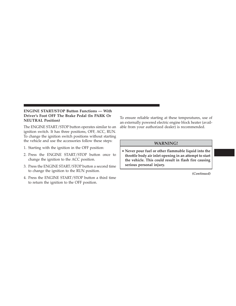 Extreme cold weather (below –20°f or −29°c), If engine fails to start, Extreme cold weather (below –20°f or | 29°c) | Chrysler 2014 300 - Owner Manual User Manual | Page 371 / 615