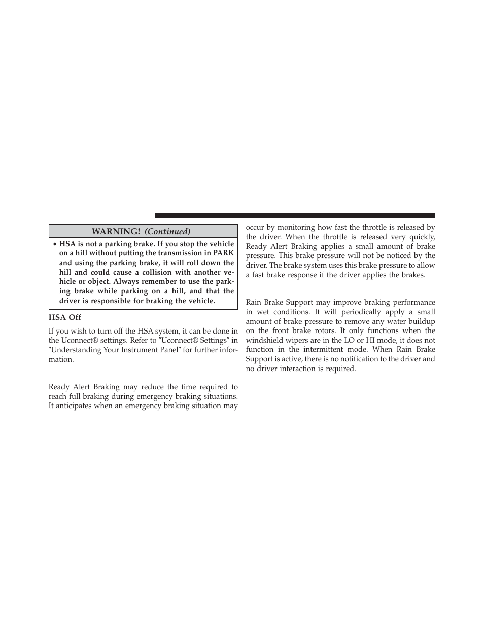 Hsa off, Ready alert braking, Rain brake support | Chrysler 2014 300 - Owner Manual User Manual | Page 414 / 615