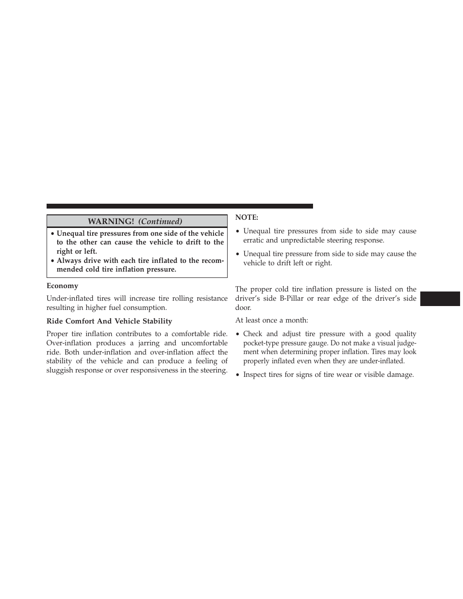 Economy, Ride comfort and vehicle stability, Tire inflation pressures | Chrysler 2014 300 - Owner Manual User Manual | Page 429 / 615