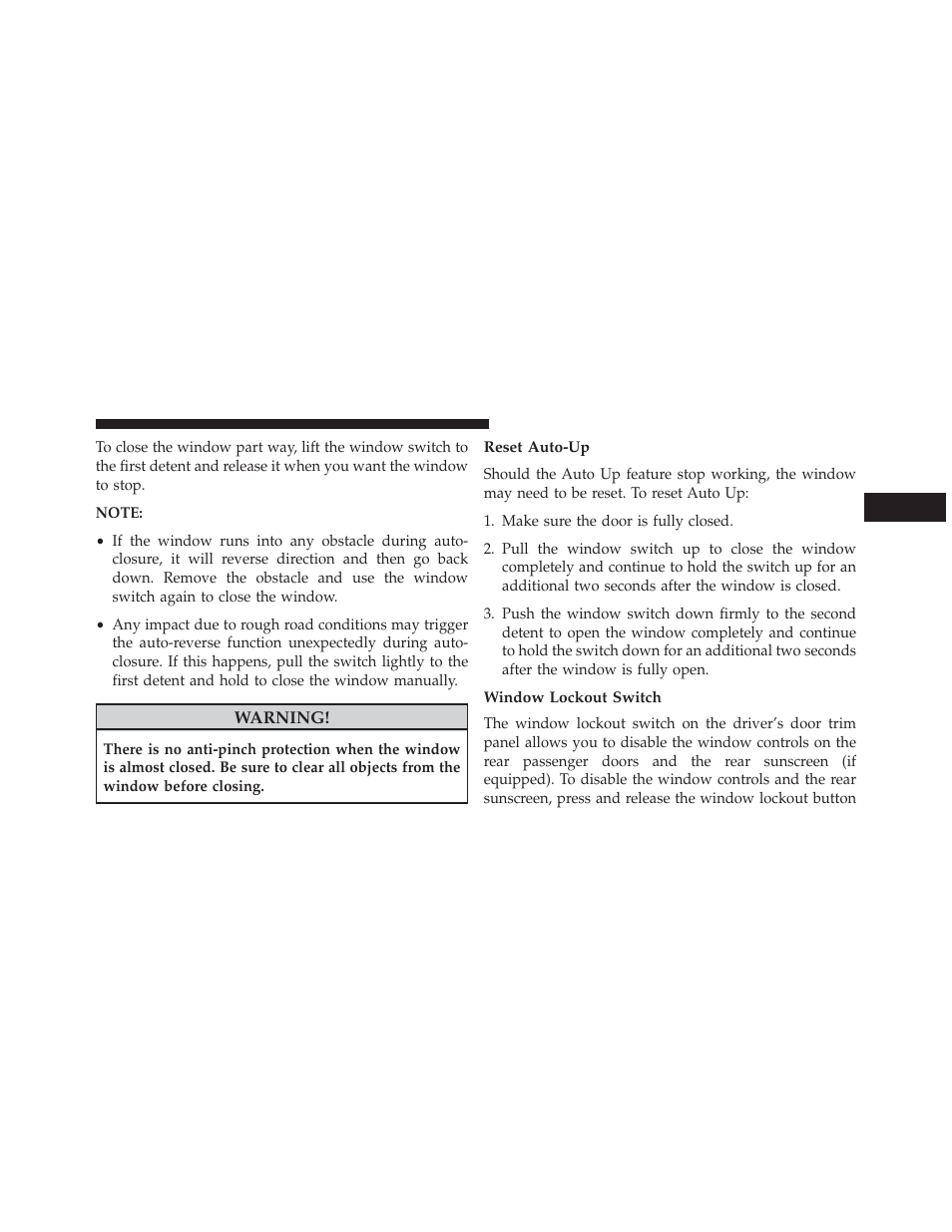 Reset auto-up, Window lockout switch | Chrysler 2014 300 - Owner Manual User Manual | Page 43 / 615