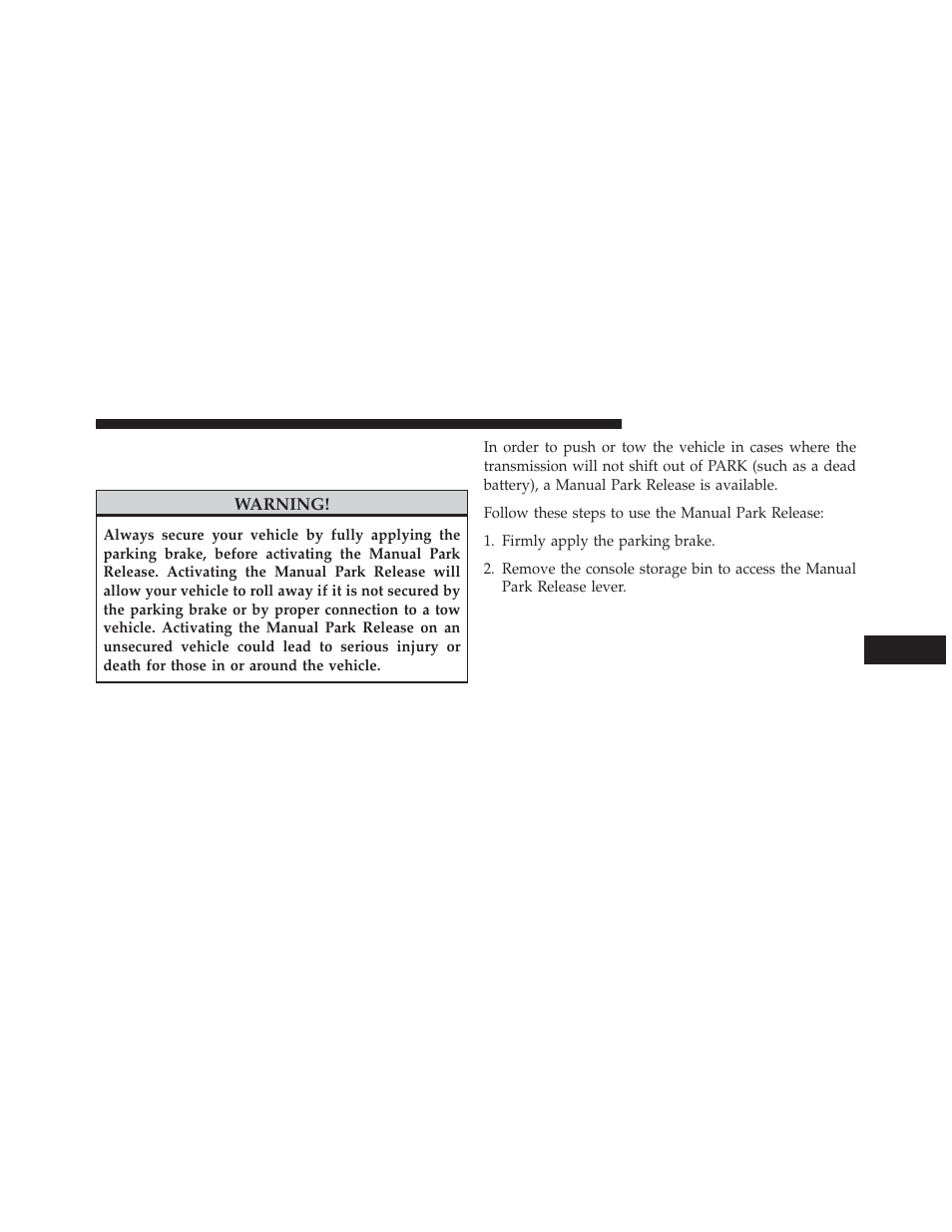 Manual park release — 8 speed transmission, Manual park release — 8 speed, Transmission | Chrysler 2014 300 - Owner Manual User Manual | Page 503 / 615
