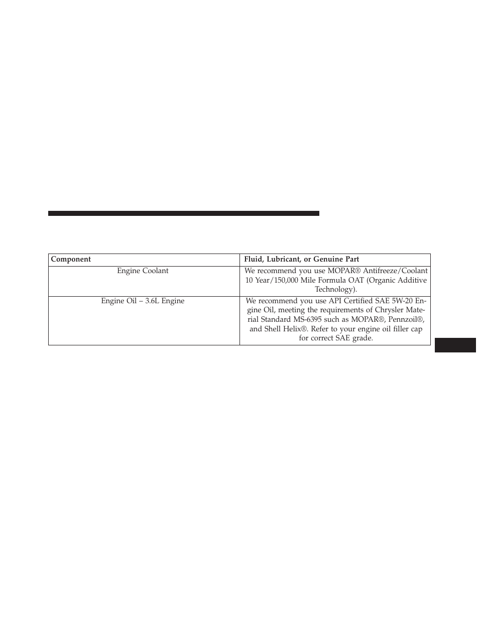 Fluids, lubricants and genuine parts, Engine, Fluids, lubricants and genuine | Parts | Chrysler 2014 300 - Owner Manual User Manual | Page 569 / 615