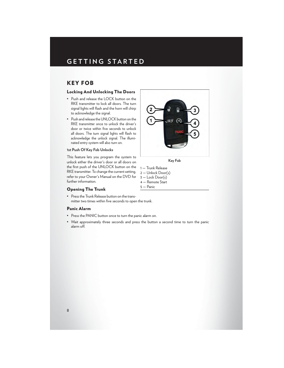 Getting started, Key fob, Locking and unlocking the doors | Opening the trunk, Panic alarm | Chrysler 2014 300 - User Guide User Manual | Page 10 / 132