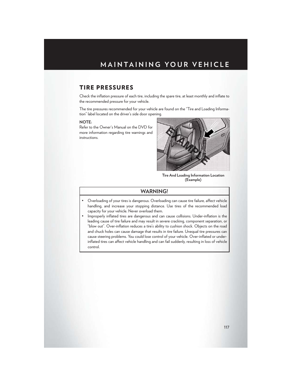Tire pressures | Chrysler 2014 300 - User Guide User Manual | Page 119 / 132