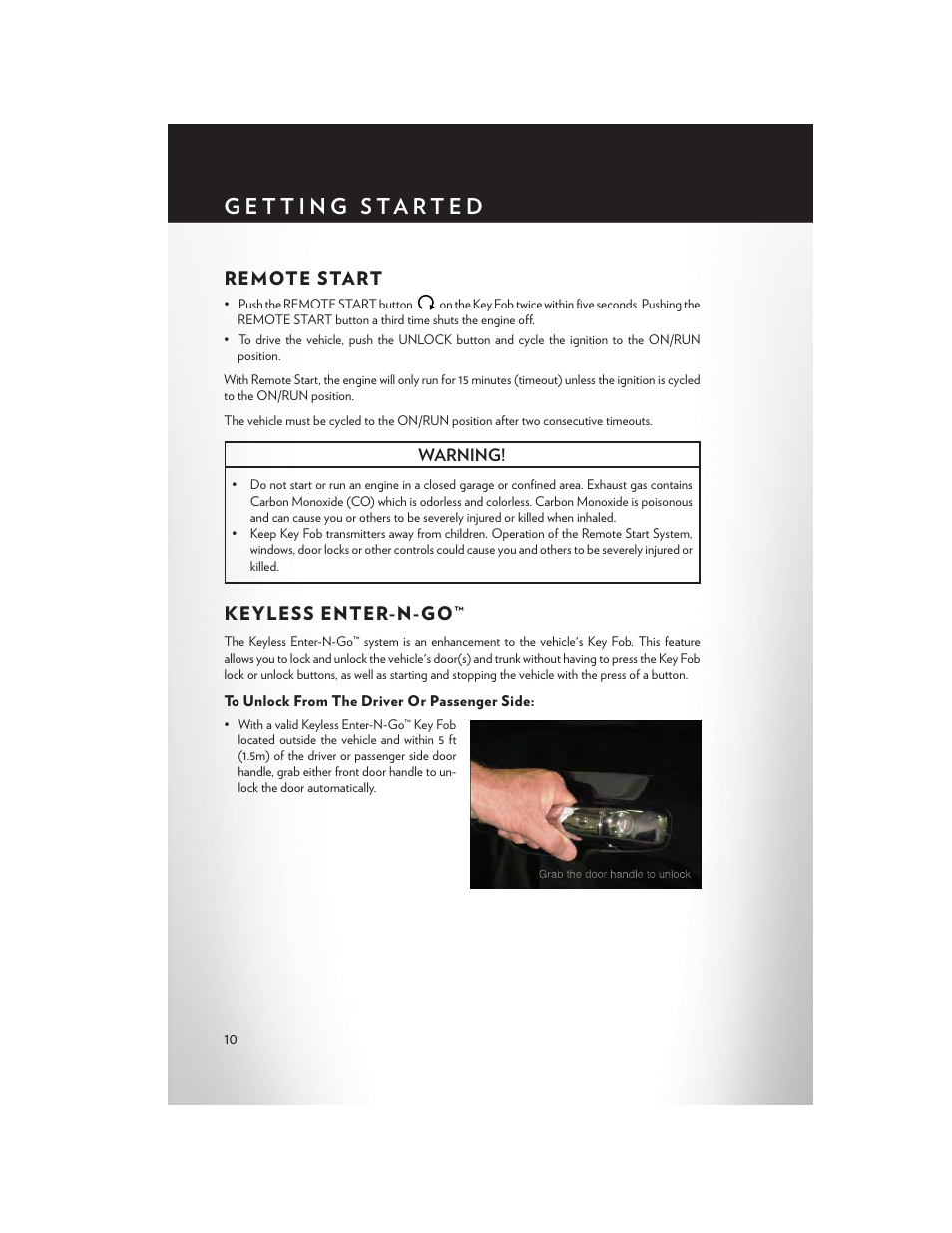 Remote start, Keyless enter-n-go, To unlock from the driver or passenger side | Warning | Chrysler 2014 300 - User Guide User Manual | Page 12 / 132