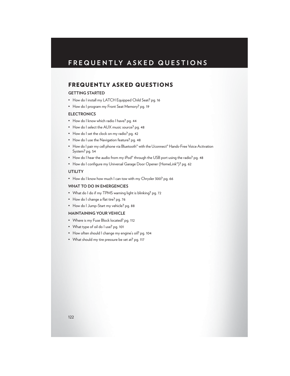Frequently asked questions | Chrysler 2014 300 - User Guide User Manual | Page 124 / 132