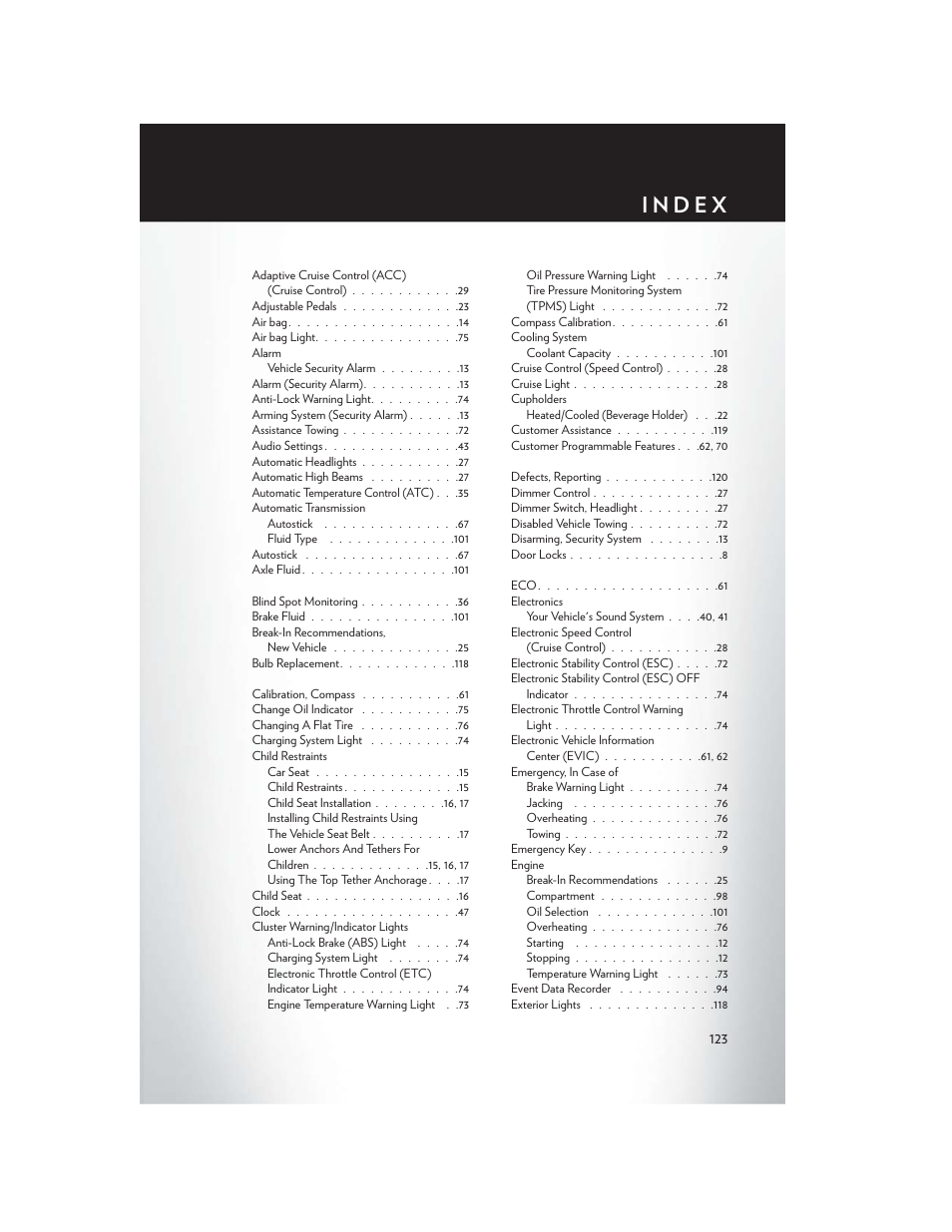 Index | Chrysler 2014 300 - User Guide User Manual | Page 125 / 132
