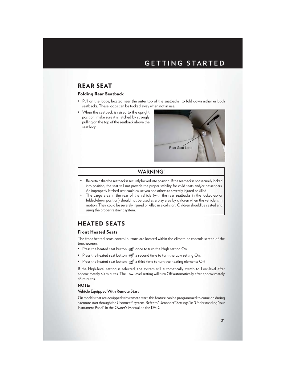 Rear seat, Folding rear seatback, Heated seats | Front heated seats, Rear seat heated seats | Chrysler 2014 300 - User Guide User Manual | Page 23 / 132