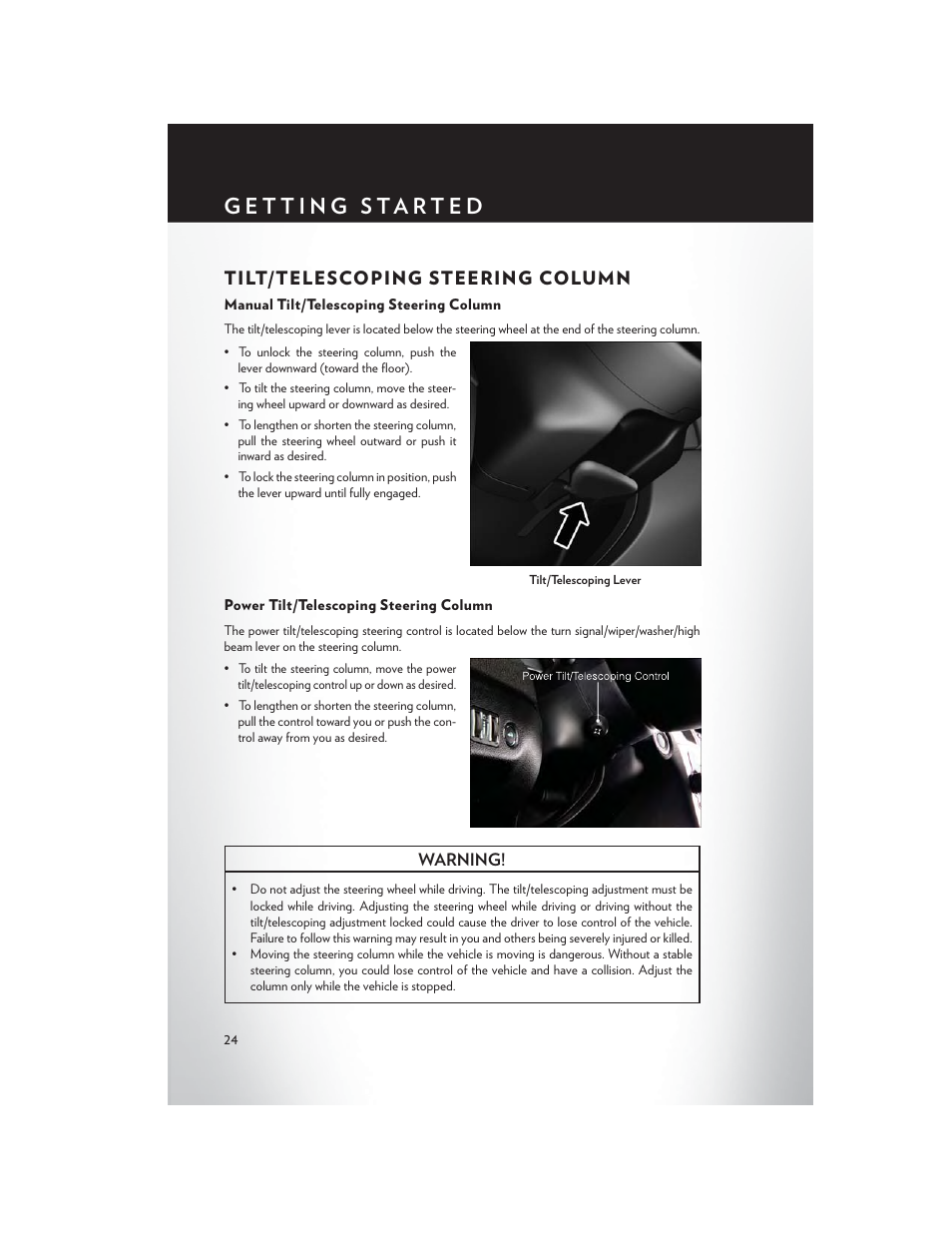 Tilt/telescoping steering column, Manual tilt/telescoping steering column, Power tilt/telescoping steering column | Chrysler 2014 300 - User Guide User Manual | Page 26 / 132